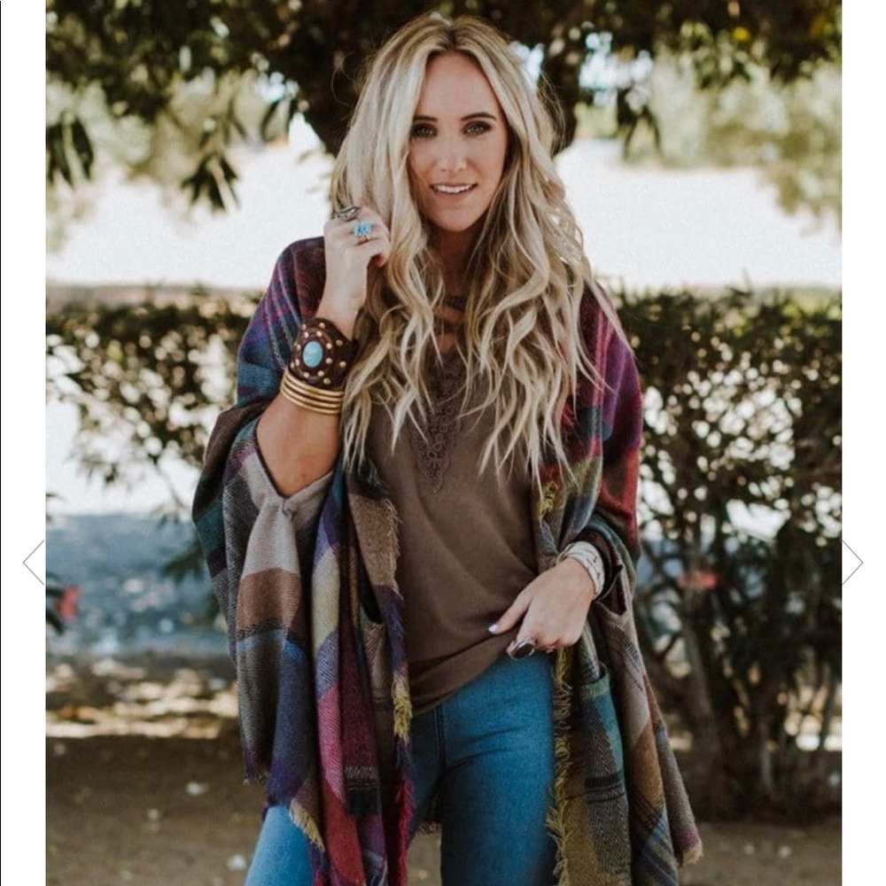 COZY PLAID POCKET RUANA WRAP